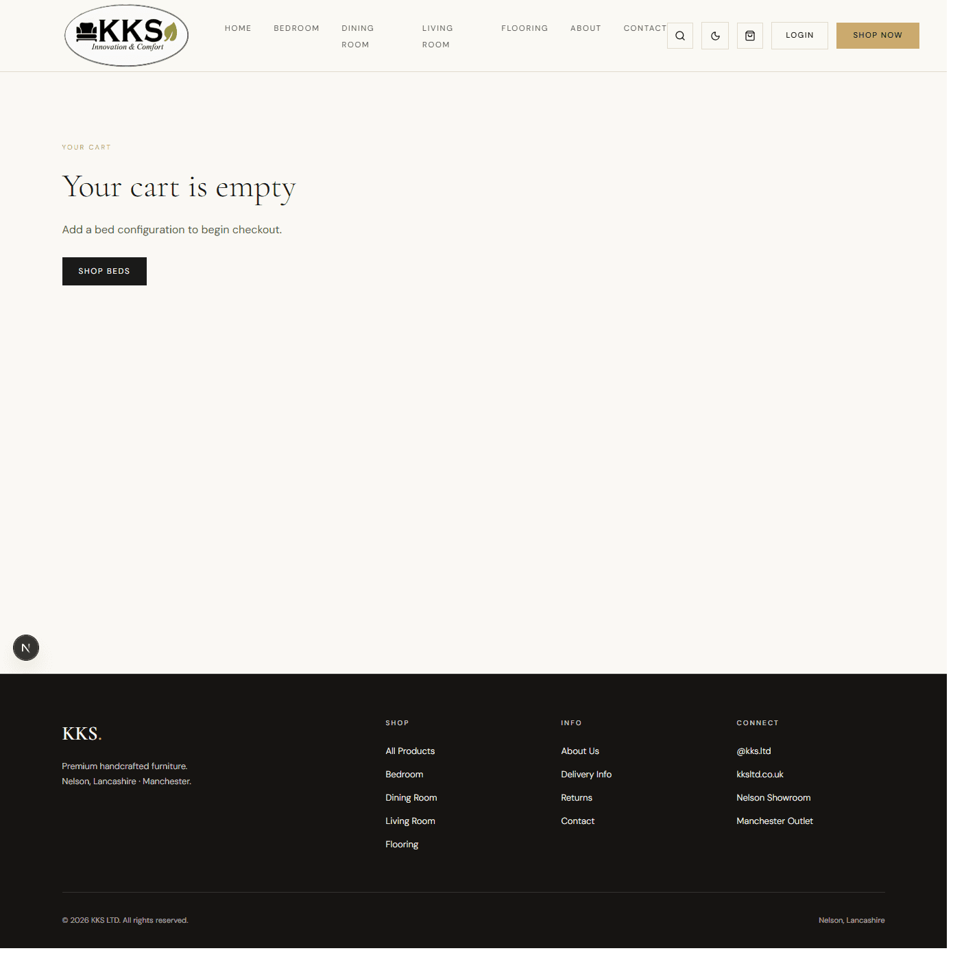 Cart page state showing empty-cart messaging and a direct path to continue shopping.