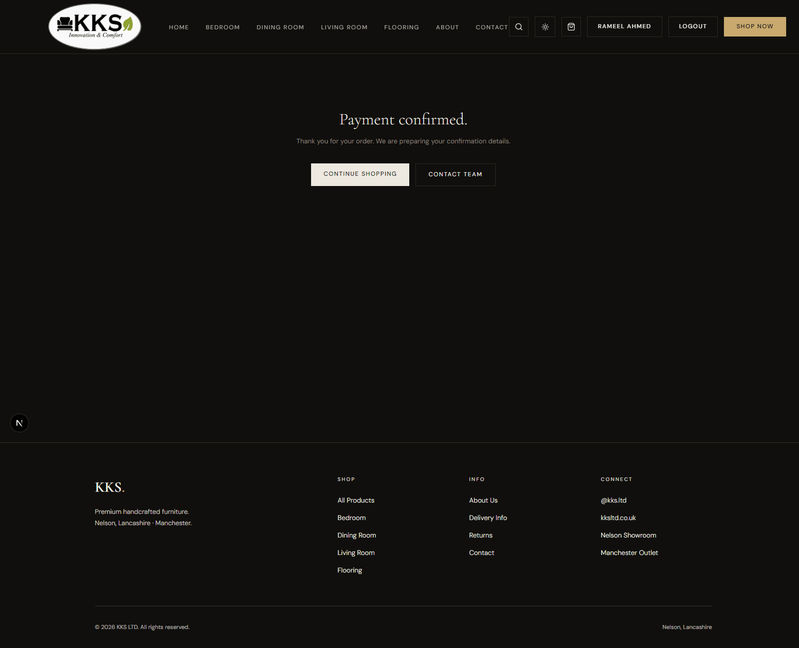 Order success or payment confirmation page proving completed checkout flow.