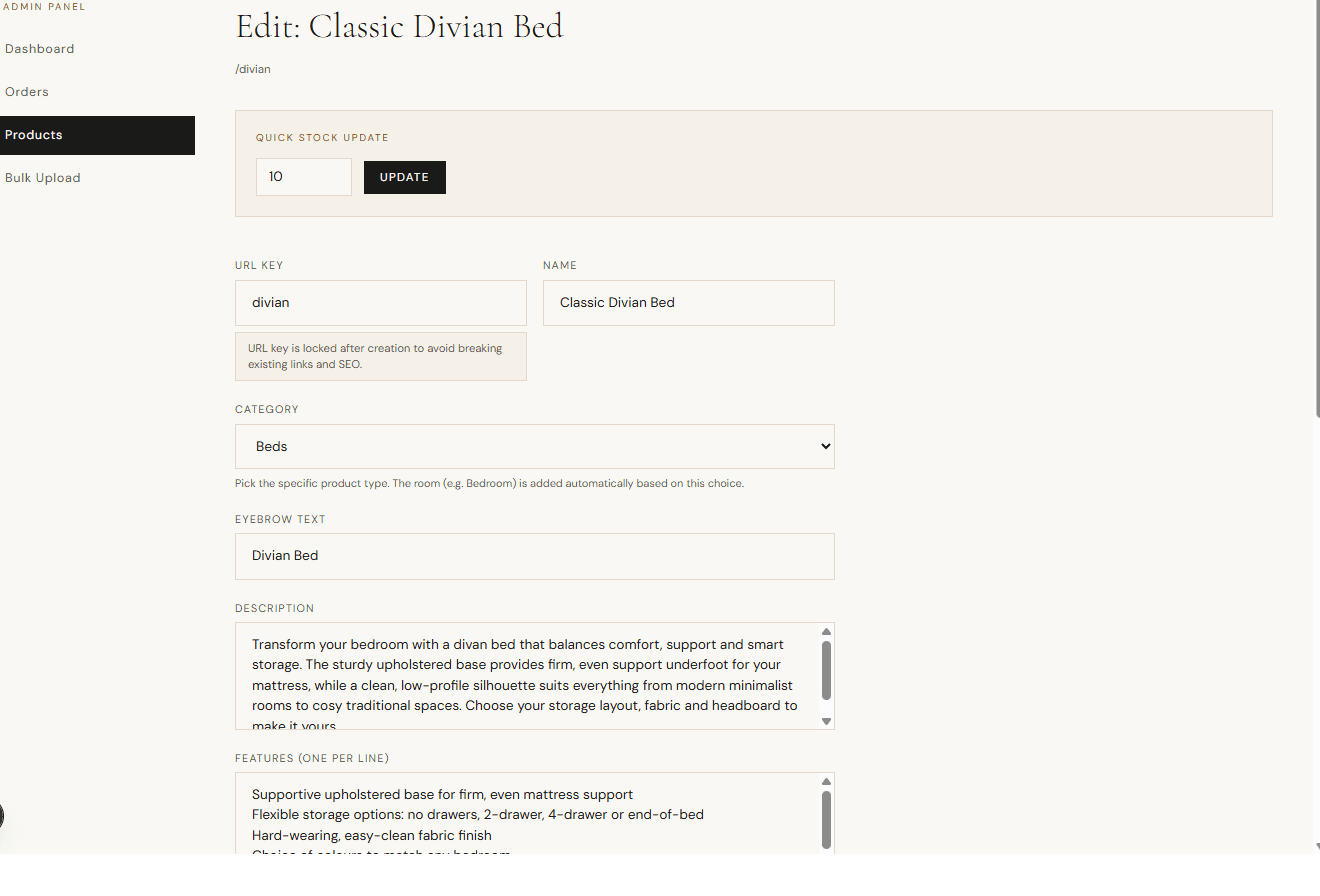 Admin product edit page with quick stock update field and detailed product form settings.