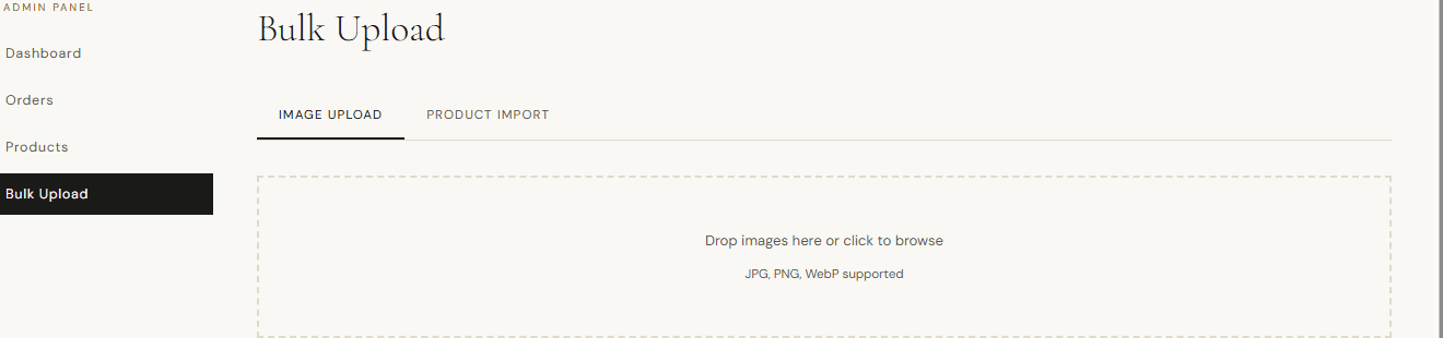 Bulk upload interface for dragging and selecting product images in the admin panel.