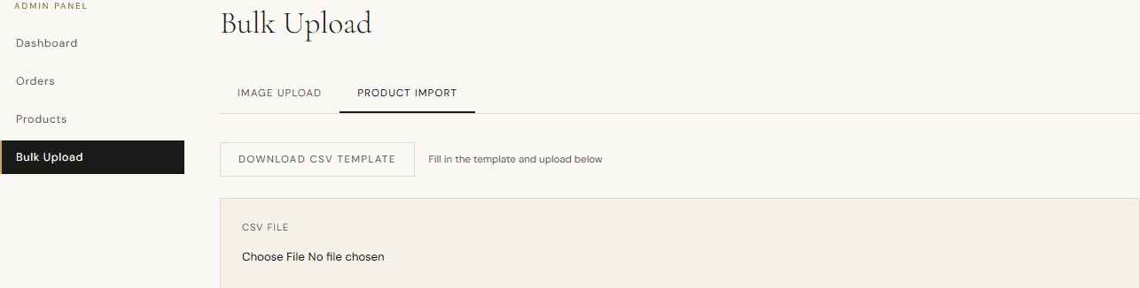 Bulk product import tab with CSV template and file chooser for catalog updates.