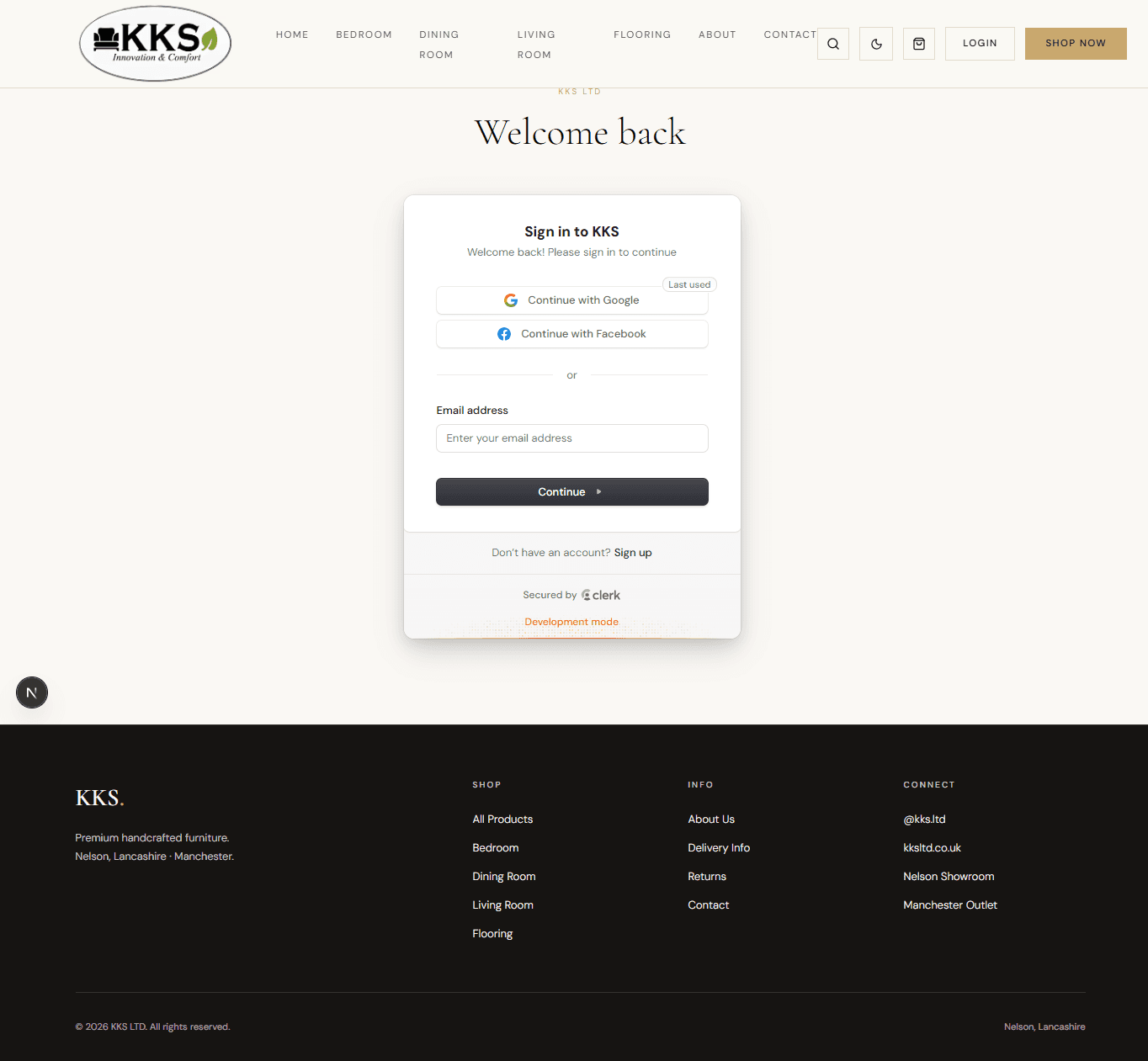 Clerk sign-in interface used for both customer and admin accounts in KKS.