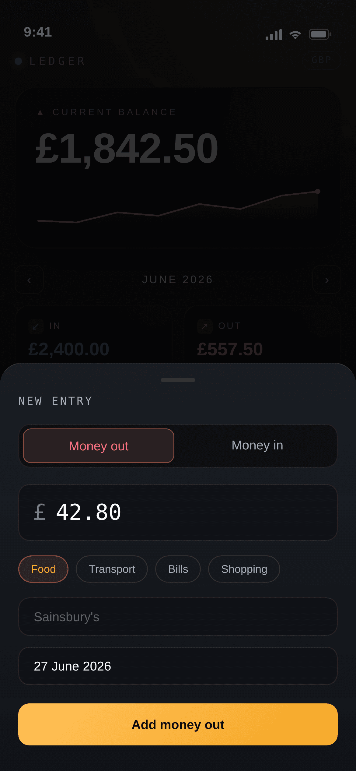 Add-entry bottom sheet with money-in/out toggle, amount, and categories.