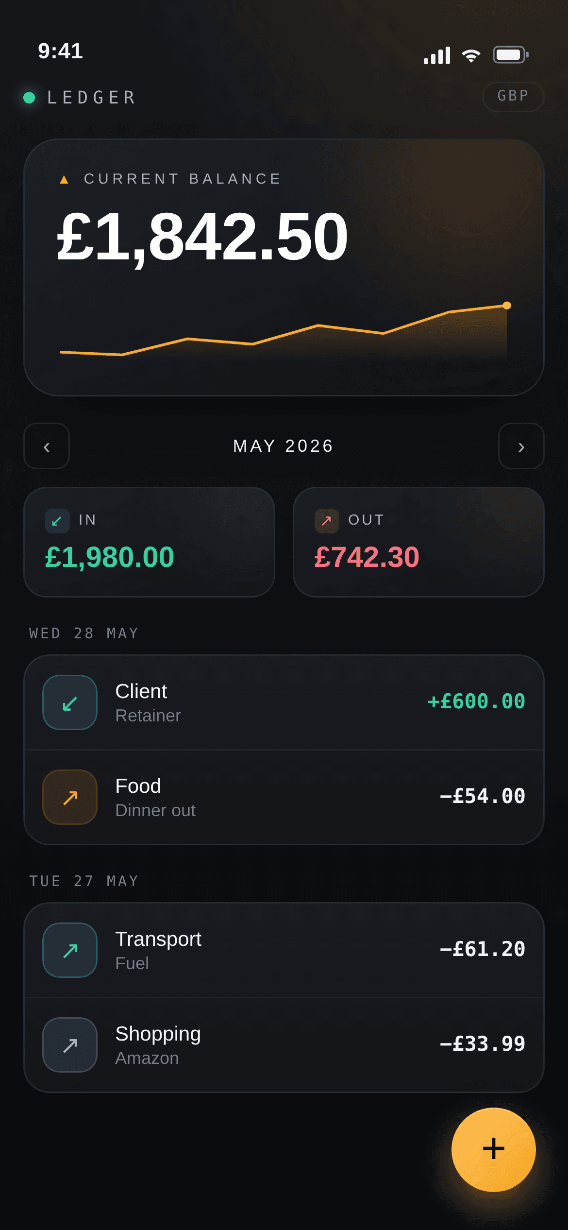 Month navigation with In and Out totals for the selected month.