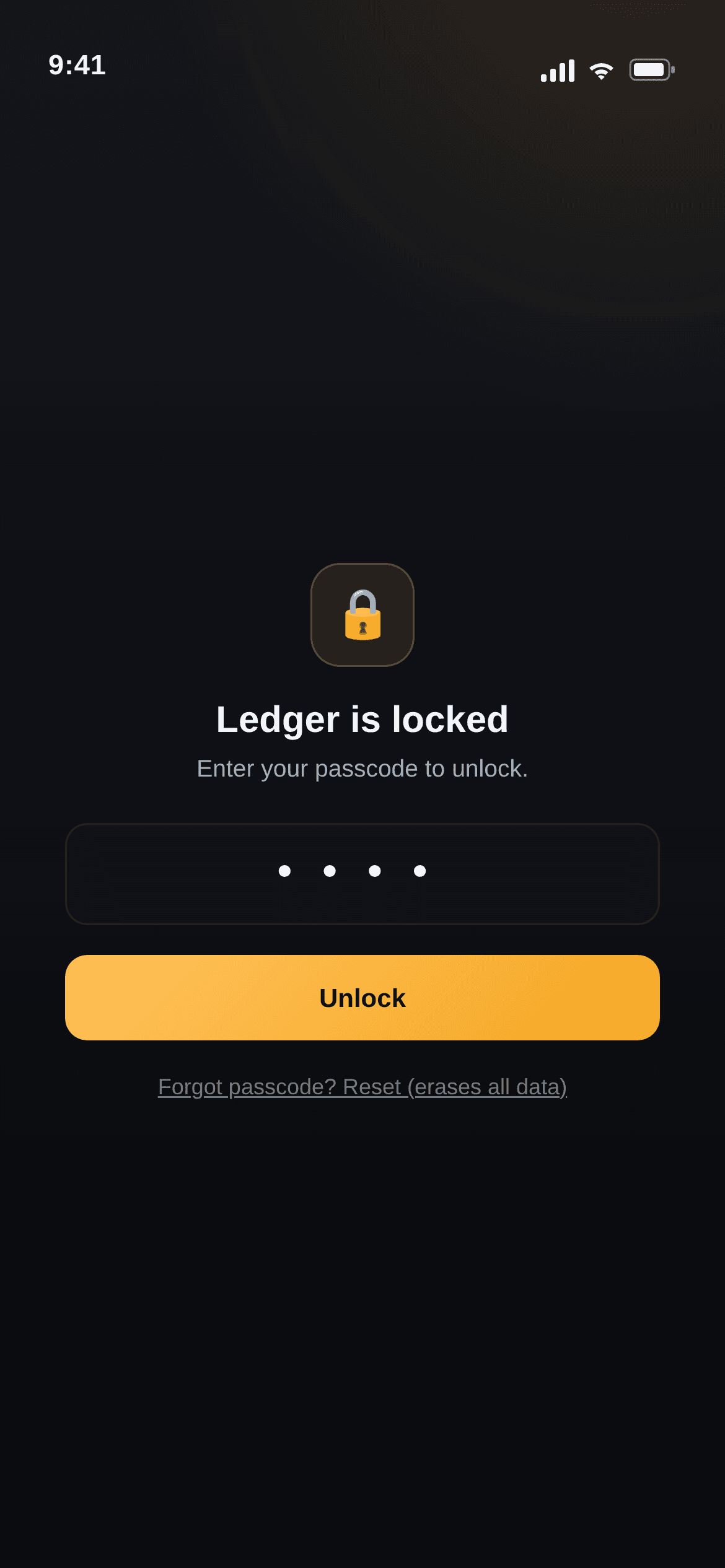 Passcode lock screen gating the app on launch.