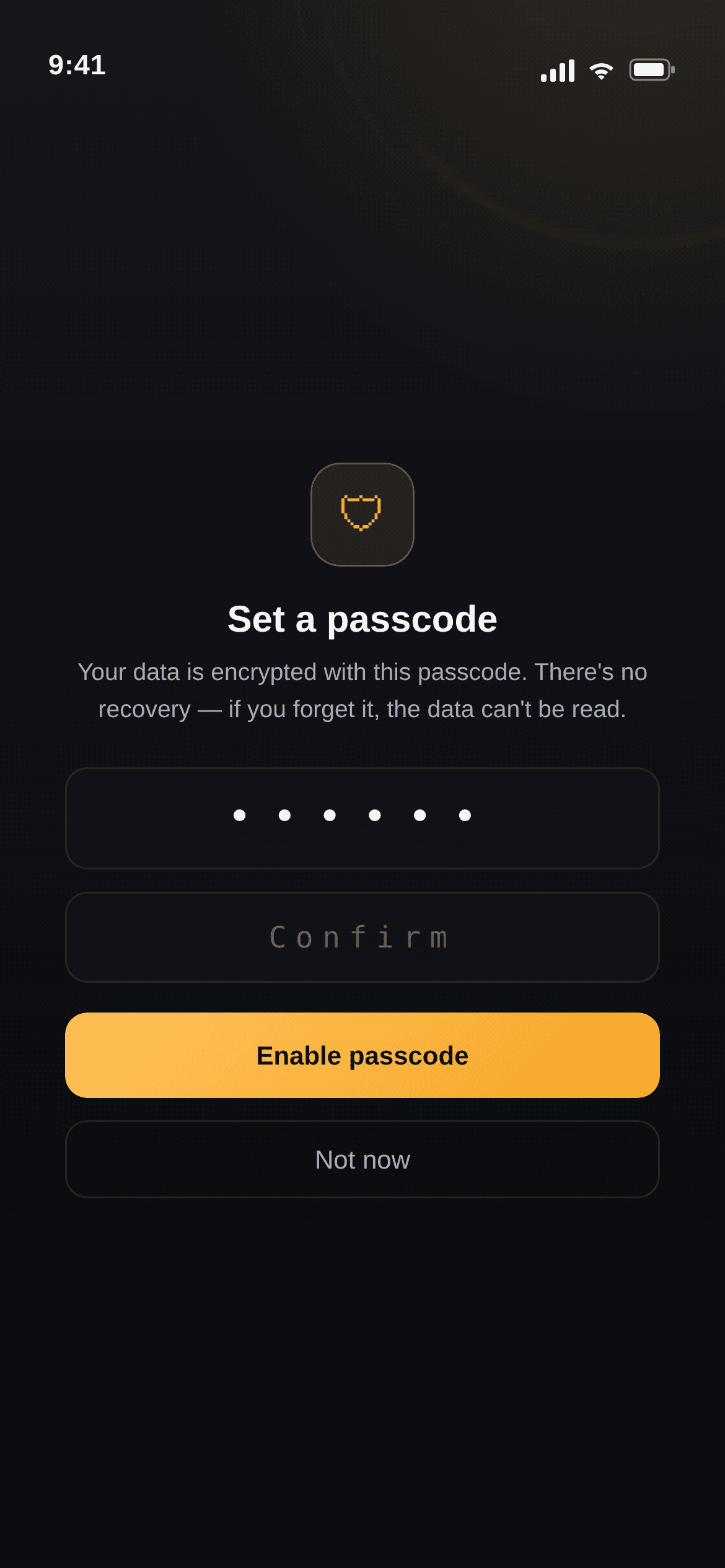 Set-passcode screen explaining encryption at rest.